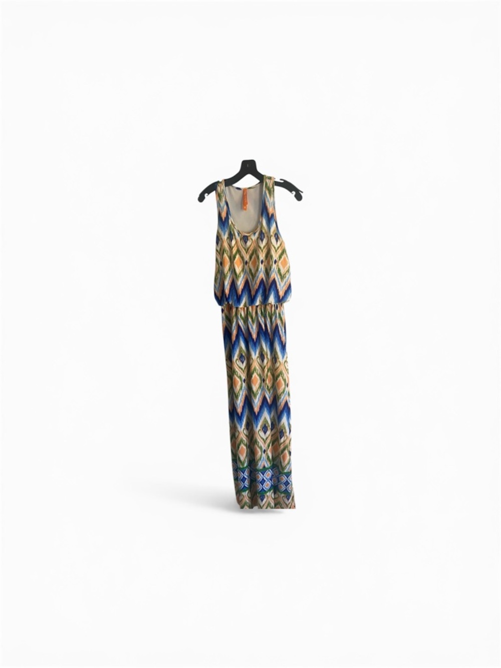 Magic Sleeveless Maxi Dress in Blue, Green & Cream with Orange Accents